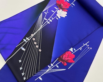 N836 Un-used Silk Kimono Bolt (Tanmono): 12m long Tsukesage Dark Blue Black Gold Lame / Elegant Flower Stripe contrast by Brushing Dyeing