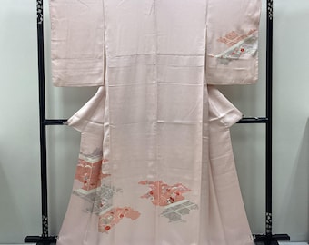 K431 Vintage Silk Wedding Kimono (Tsukesage) : Kight Pink Embroidery / Mandarin duck couple Iris Chrysanthemum Autumn Leaf
