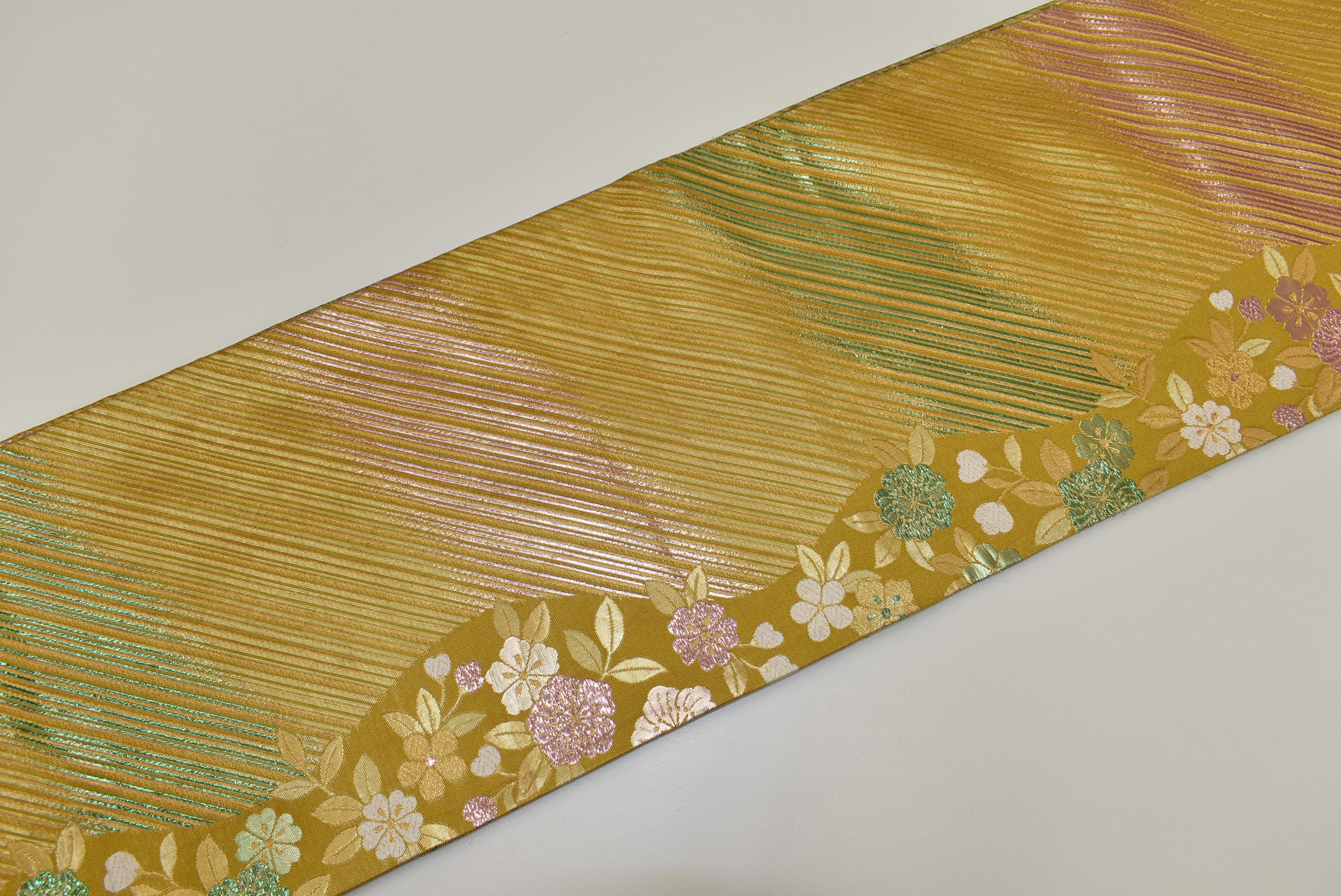 Y125 ヴィンテージ シルク 着物帯 袋帯 金ラメ加工 斜め縞 桜 辻ヶ花