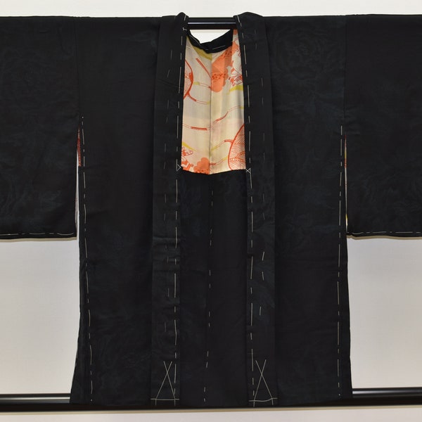 K153 Vintage Silk Kimono Haori Jacket : Gorgeous Black Tree Peony Silhouette