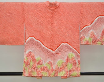 K172 Vintage Silk Kimono Haori Jacket : Fully Shibori Pink Red Mountain Landscape