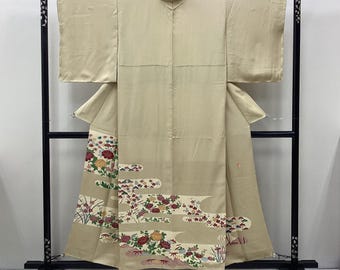 K432 Vintage Silk Wedding Kimono (Irotomesode) : Light khaki Family crest /  Mist Chrysanthemum pine tree by yuzen dyeing Japanese designer