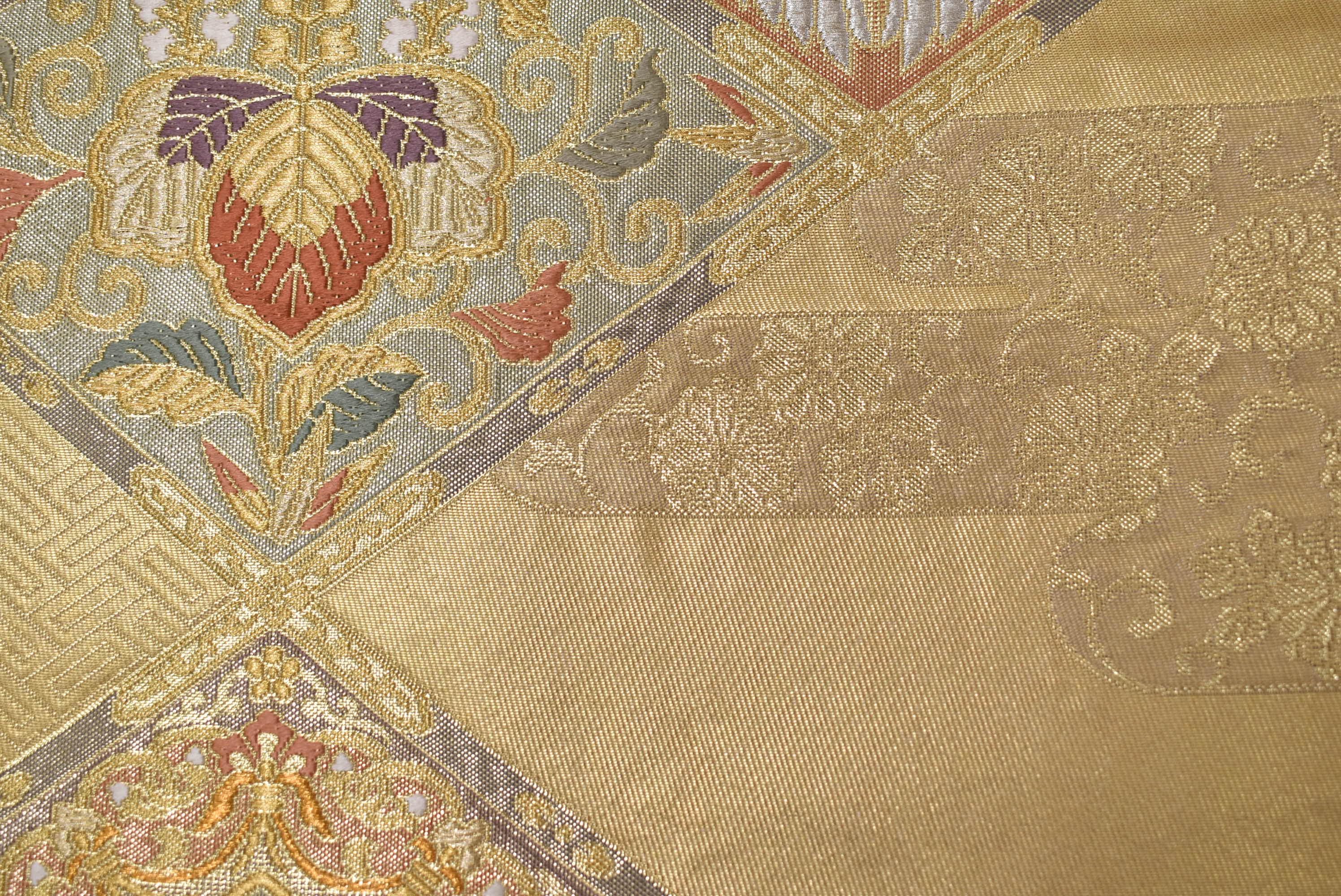 Y926 ヴィンテージ 絹 着物 帯 袋帯 金刺繍 唐織 鳳凰 桐 菊 格天井