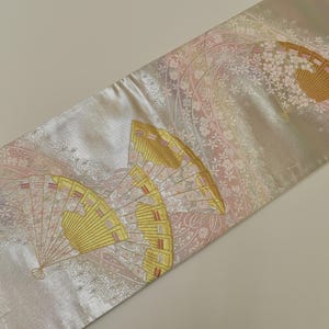 Y426 ヴィンテージ シルク 着物 帯 袋帯 アイボリー 金銀 ラメ刺繍 
