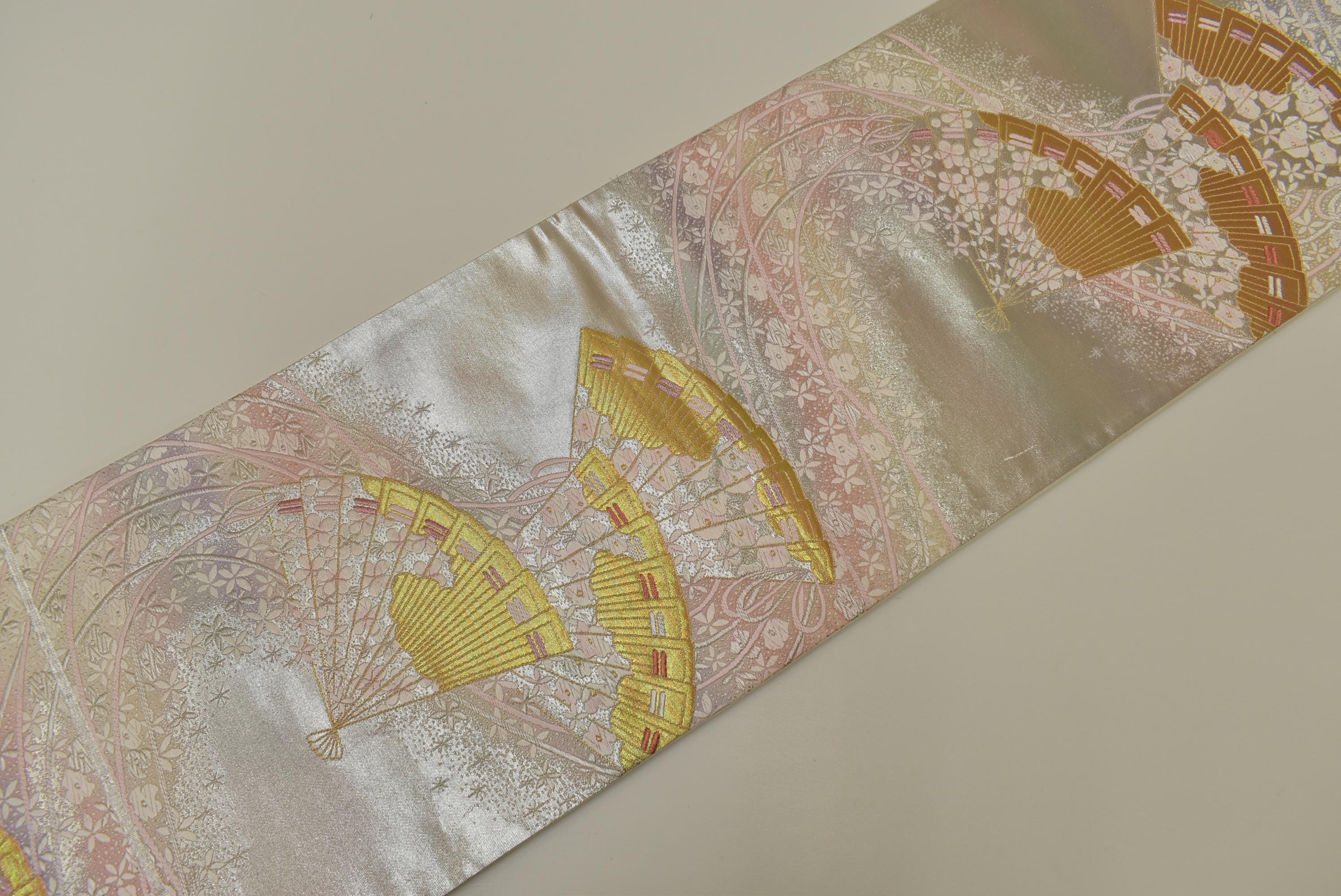 Y426 ヴィンテージ シルク 着物 帯 袋帯 アイボリー 金銀 ラメ刺繍 