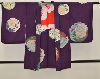 K86 Vintage Silk Kimono Haori Jacket : 1940s Tsunami Wave in Round Window