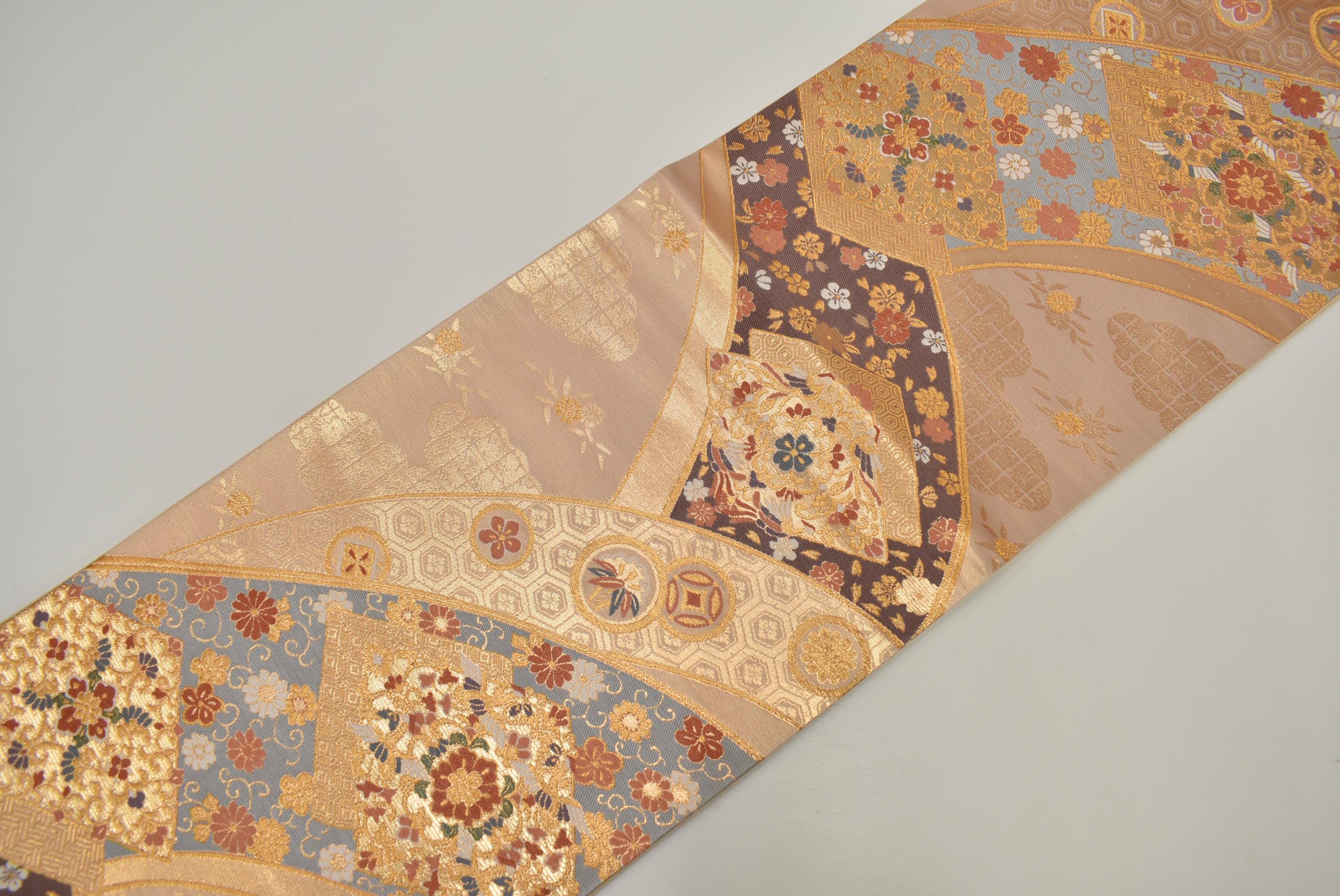 Y771 ヴィンテージ シルク 着物 帯 袋帯 金彩 刺繍 / 唐織 菱形 花
