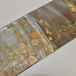 Y43 Vintage Silk Kimono Obi Belt &#39;Fukuro-Obi&#39; Purple Gold Silver Lame Processing / Riverside Autumn Flowering Plants Chrysanthemum