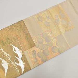 Y58 Vintage Silk Kimono Obi Belt 'Fukuro-Obi' Ivory Gold / Raging waves Flock of cranes Weeping Cherry blossoms Plum blossoms  Photograph