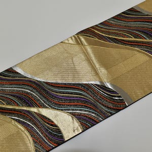Y903 Vintage Silk Kimono Obi Belt &#39;Fukuro-Obi&#39; Black Gold Silver Lame Processing / Colorful Tsunami Wave