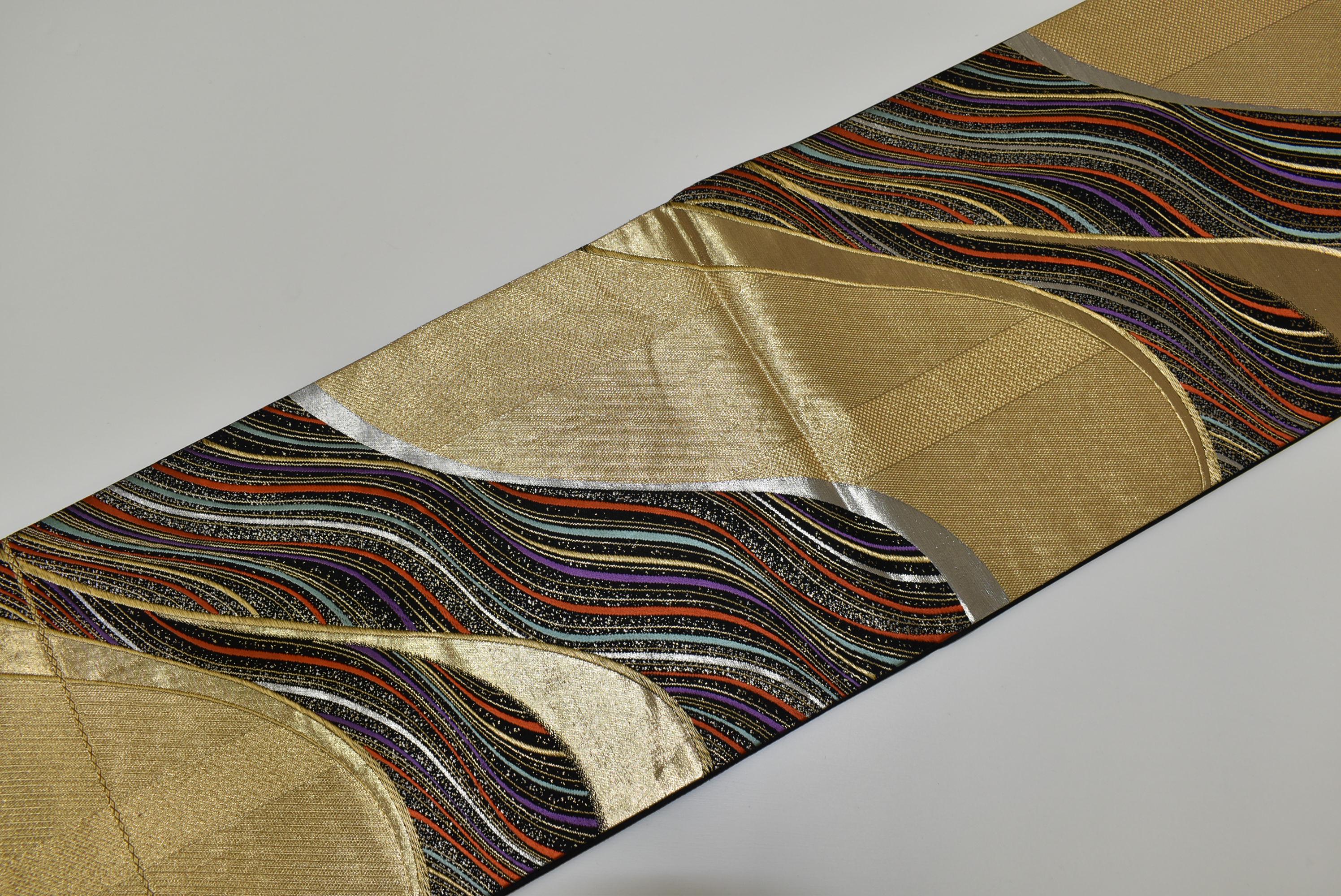 Vintage Silk Kimono Obi Belt \'Fukuro-Obi\' with gold silver threads, wave pattern Japanese Kimono Vintage Fukuro Obi - Silver, Orange & Yellow  main image 3