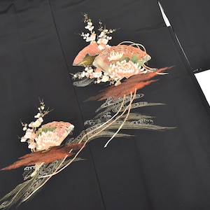 Y804 Vintage Silk Kimono Haori Jacket : Black Gold / Raging waves Flower Folding Fan at Night