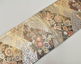 Y131 ヴィンテージ シルク 着物 袋帯 緑 白 金彩 刺繍 / 唐織 竹林 梅