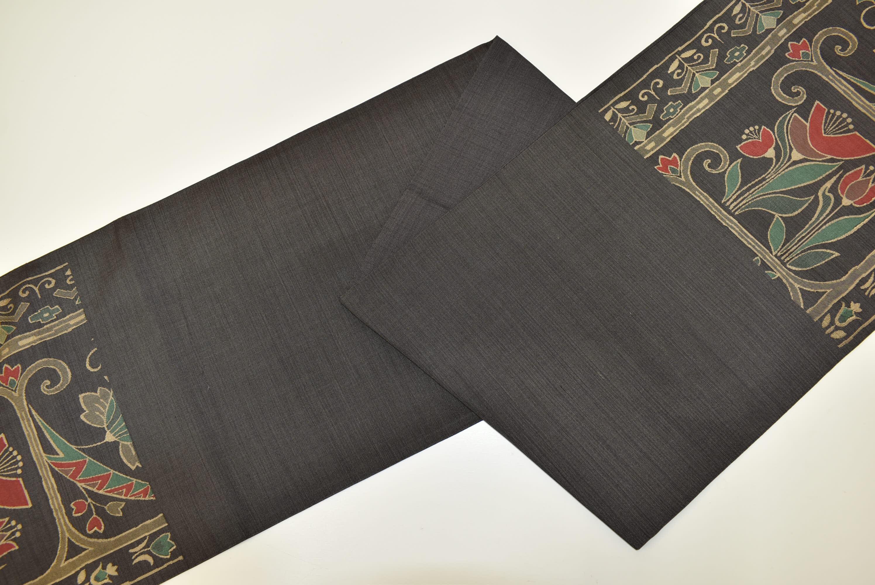 Y76 ヴィンテージシルク着物帯「袋帯」ダークグレー/エキゾチック