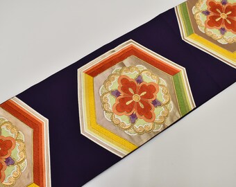 Y890 ヴィンテージ シルク 着物 袋帯 紺 金刺繍 / 唐織 三重塔 京都