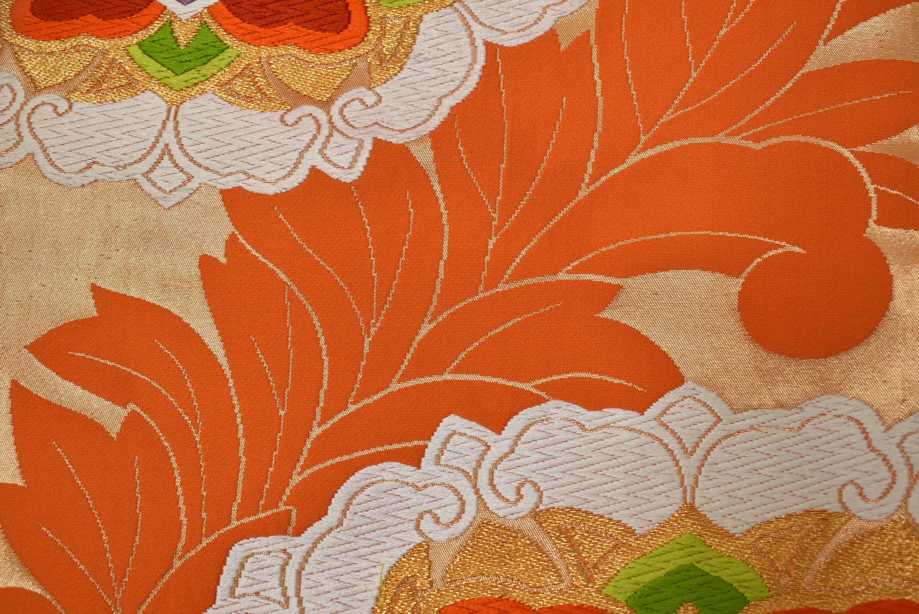Y998 ヴィンテージ シルク 着物 帯 袋帯 オレンジ 金刺繍 / 唐織