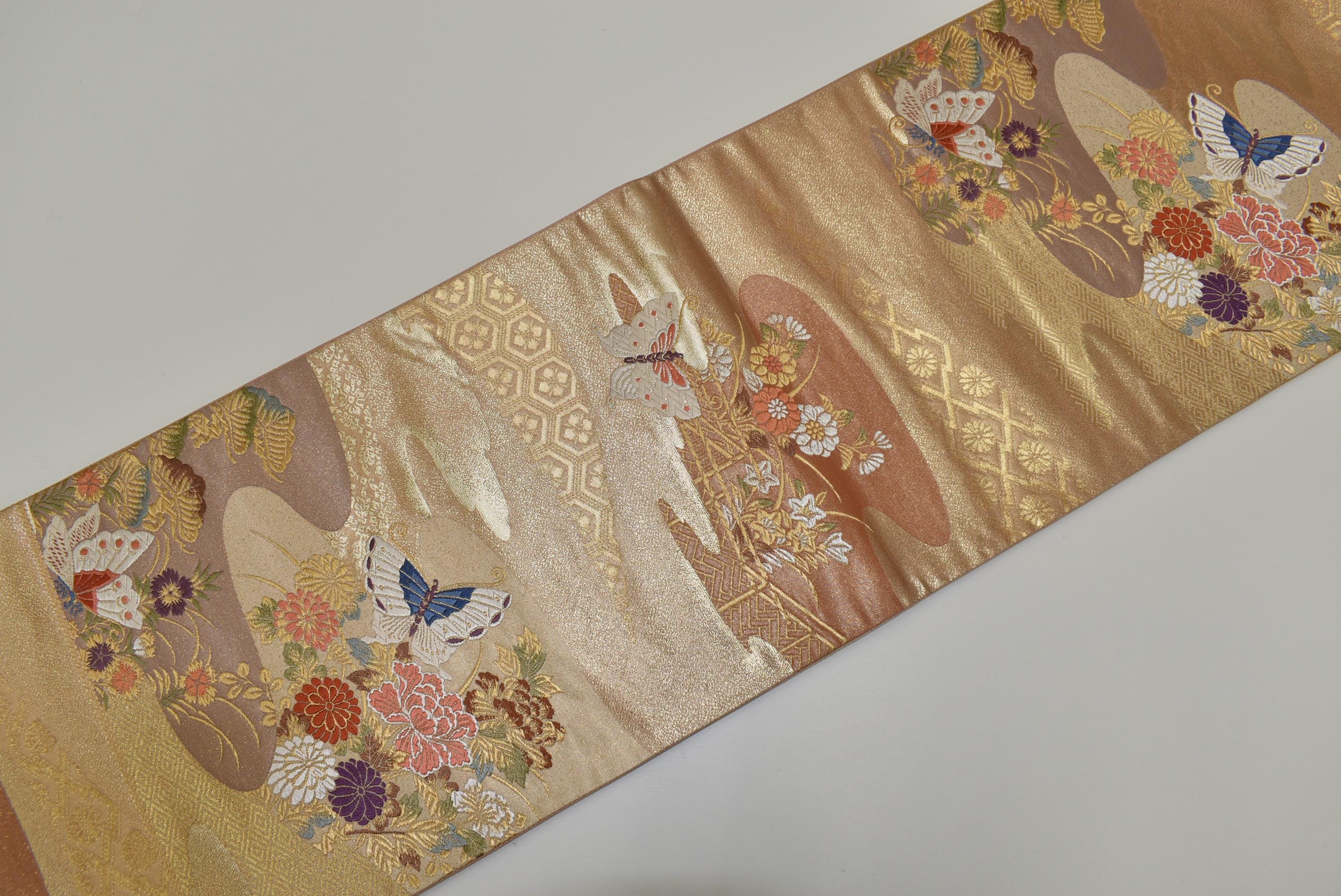 Y869 Vintage Silk Kimono Obi Belt 'Fukuro-Obi' Pink Beige Gold Processing Embroidery / Kara-Ori Riverside Flower Swallowtail Butterfly