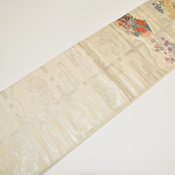 B363 Vintage Silk Kimono Obi Belt 'Fukuro-Obi' Gorgeous Silver White Folding Fan