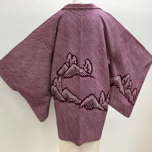 K262 Vintage Silk Kimono Haori Jacket : Dark Purple Shibori / Kanoko-dot Mountain scenery