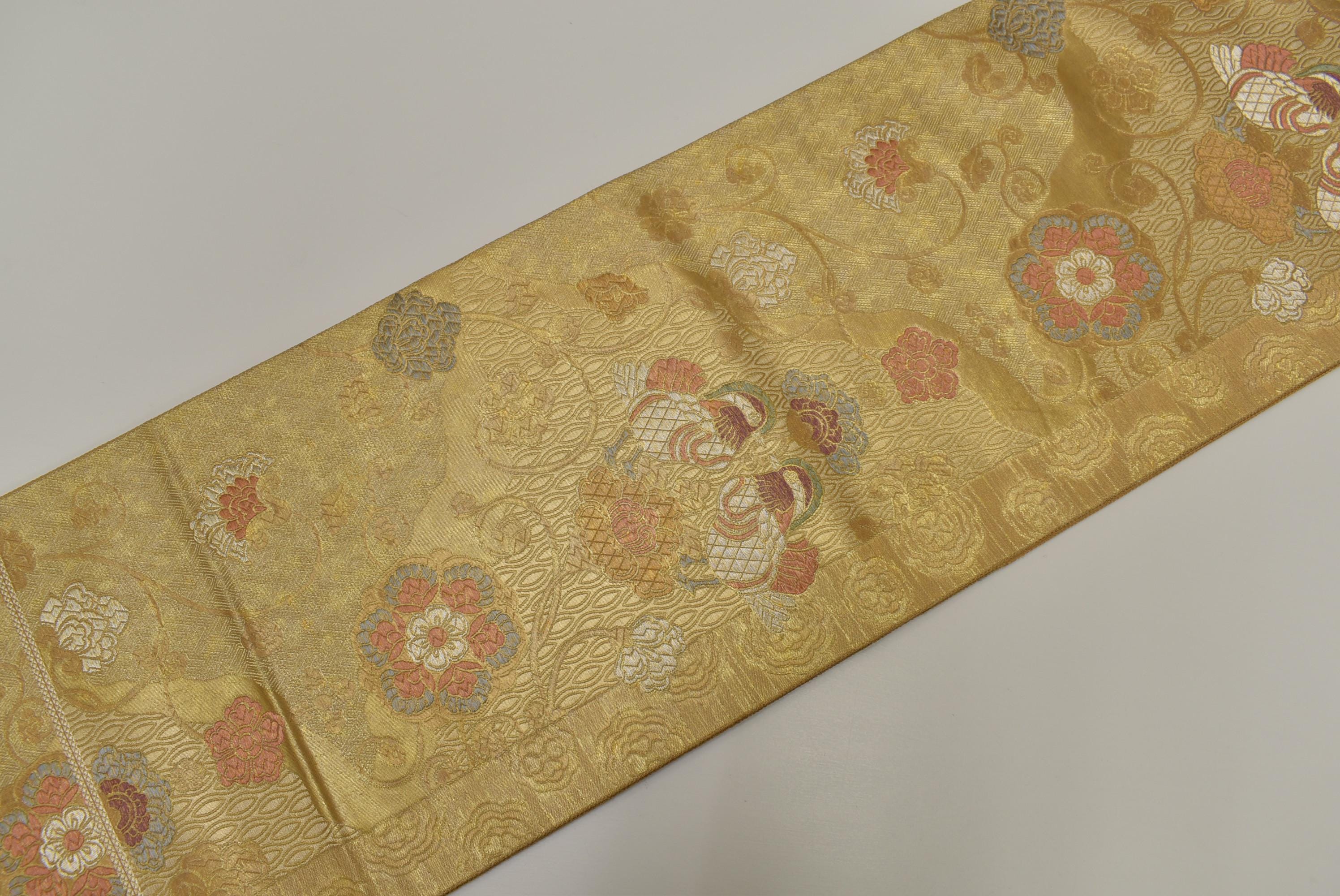 Y188 Vintage Silk Kimono Obi Belt 'fukuro-obi' Gold Silver Lame