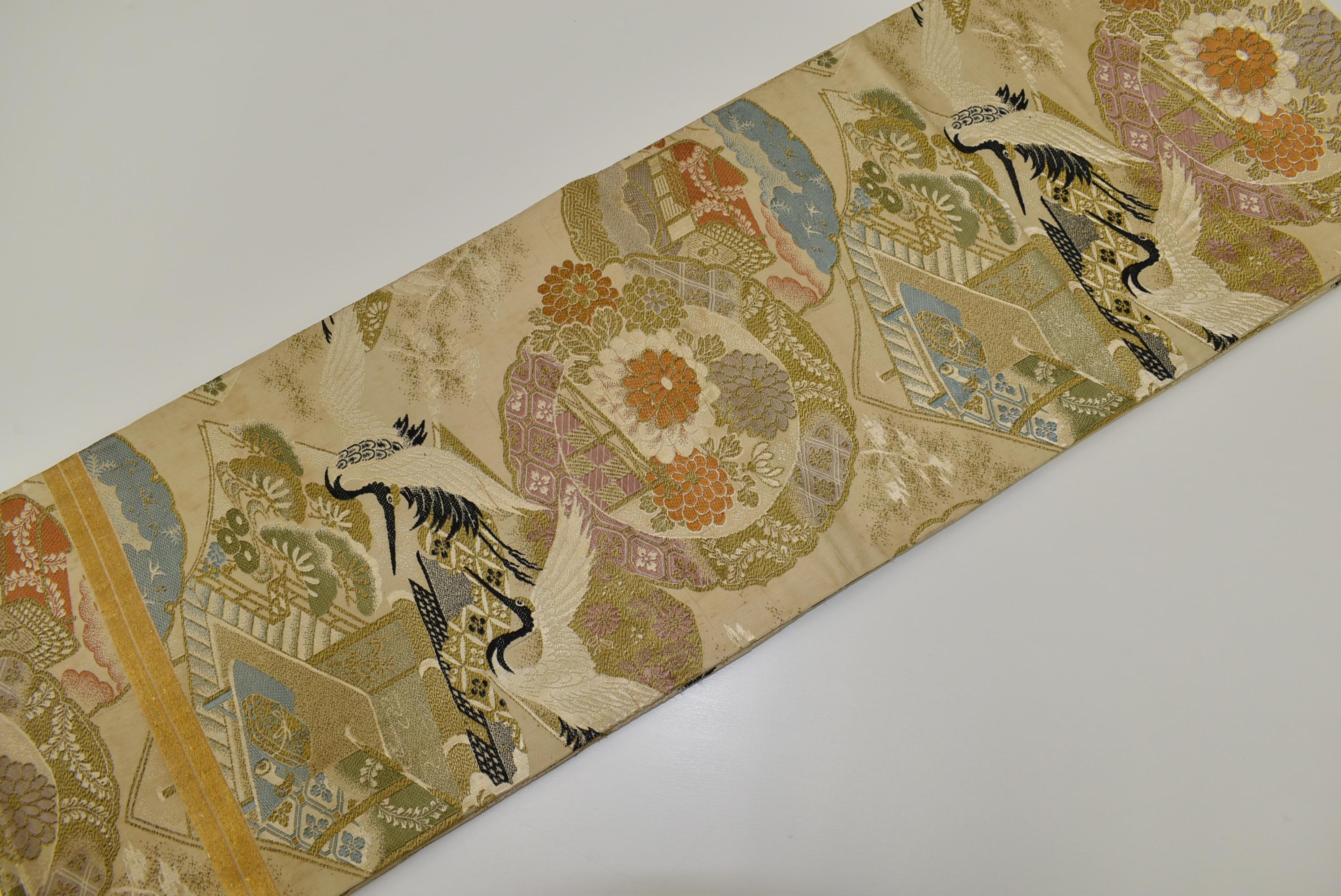 Y746 Vintage Silk Kimono Obi Belt 'fukuro-obi' 1940s Sandy Beige