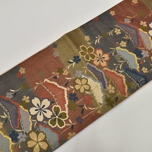 Y20 Vintage Silk Kimono Obi Belt 'Fukuro-Obi' Multicolor Gold Embroidery/Kara-Ori Weeping Cherry blossoms Young Pine Tree Horizontal stripes