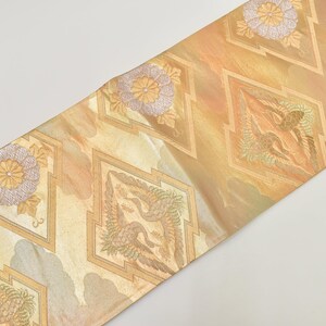Y660 ヴィンテージ シルク 着物 帯 袋帯 金銀 花 鶴 カップル 菱形