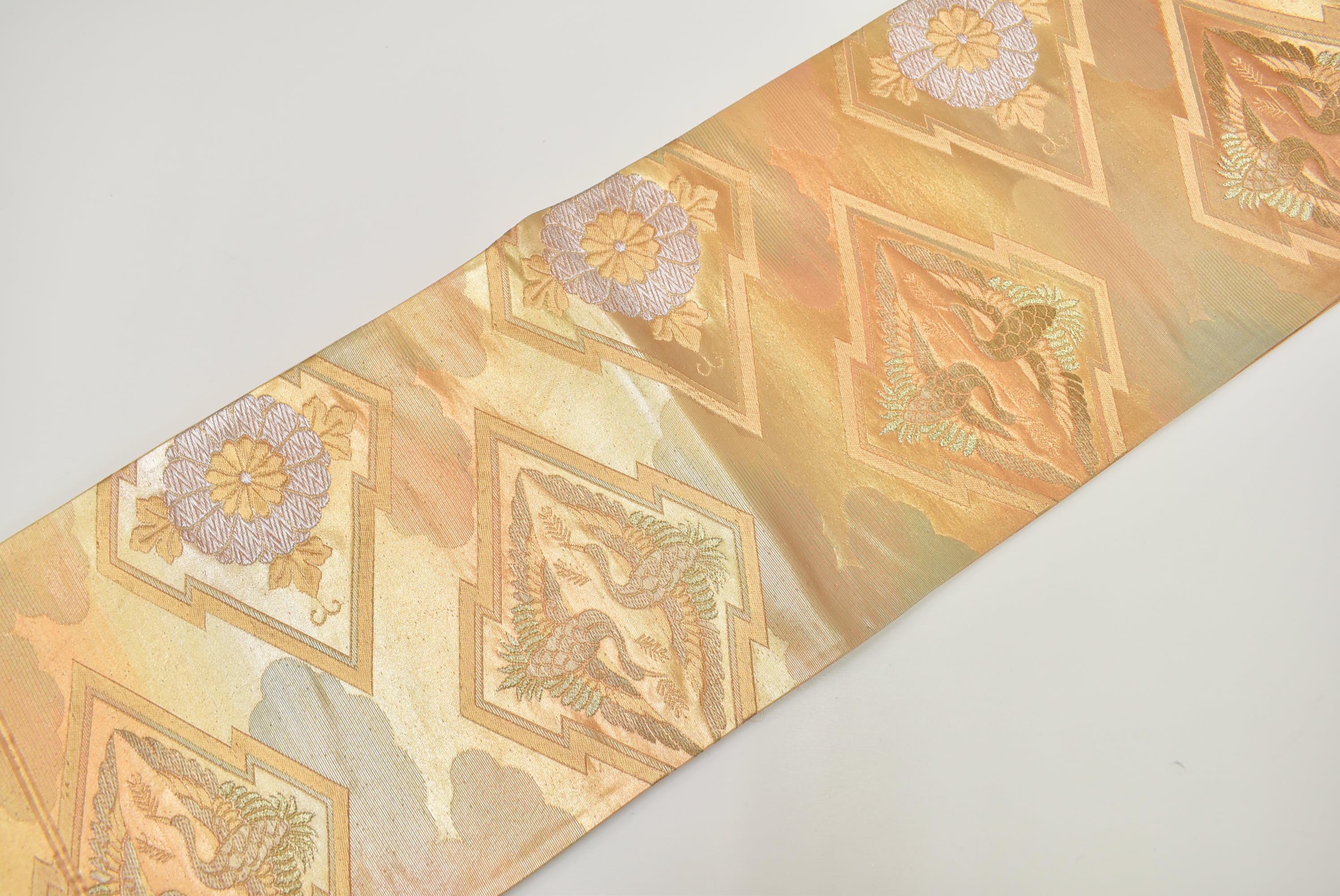Y660 ヴィンテージ シルク 着物 帯 袋帯 金銀 花 鶴 カップル 菱形