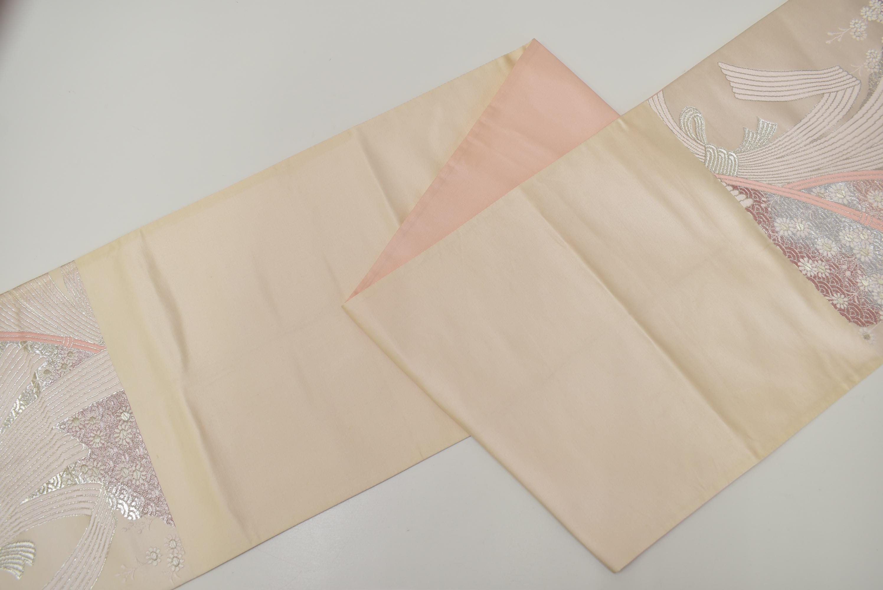 Y994 ヴィンテージ絹着物帯「袋帯」白銀刺繍/菊丸津波波たばね熨斗目