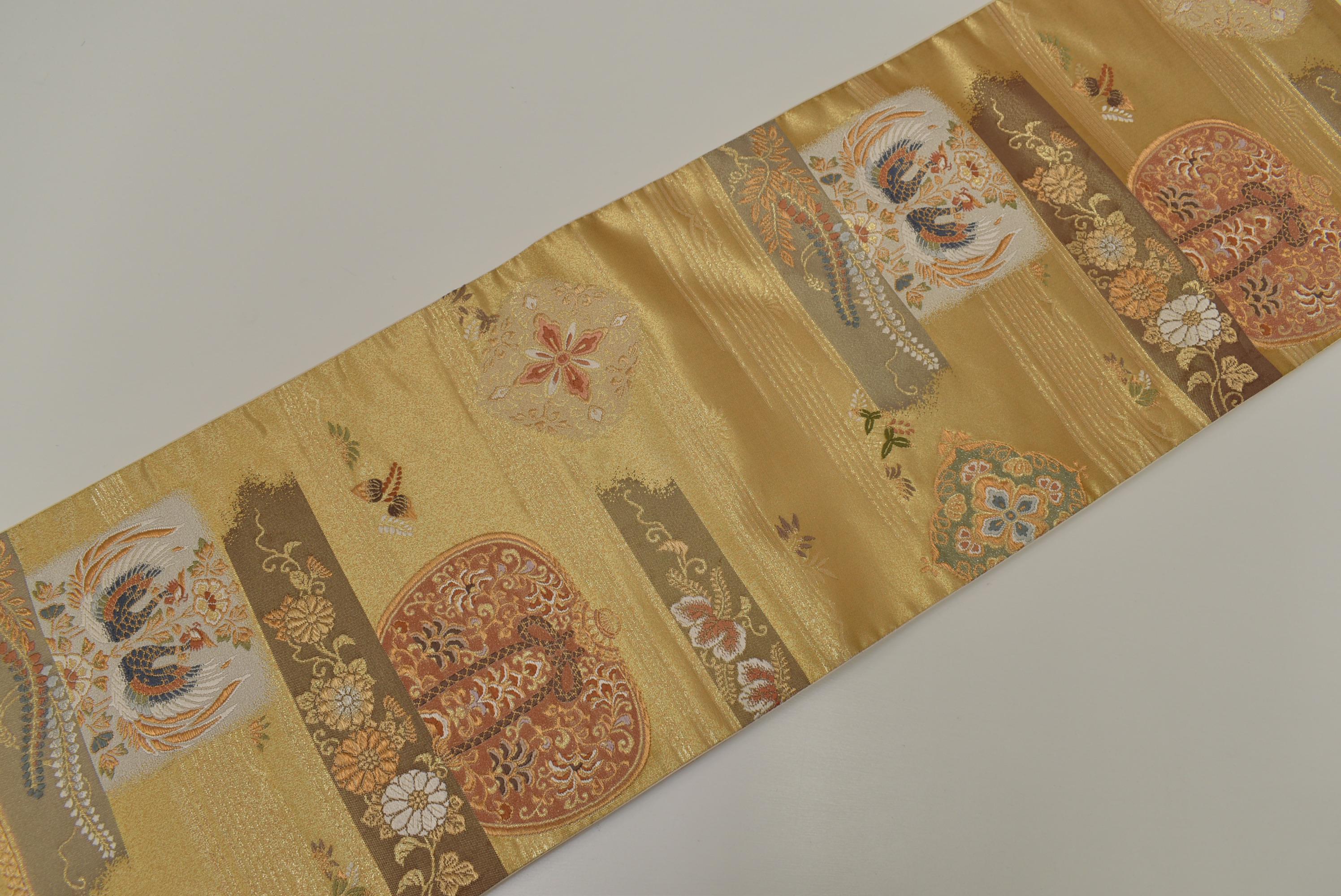 Y11 ヴィンテージ シルク 着物 帯 袋帯 金彩加工 刺繍 / 東洋風 花更紗
