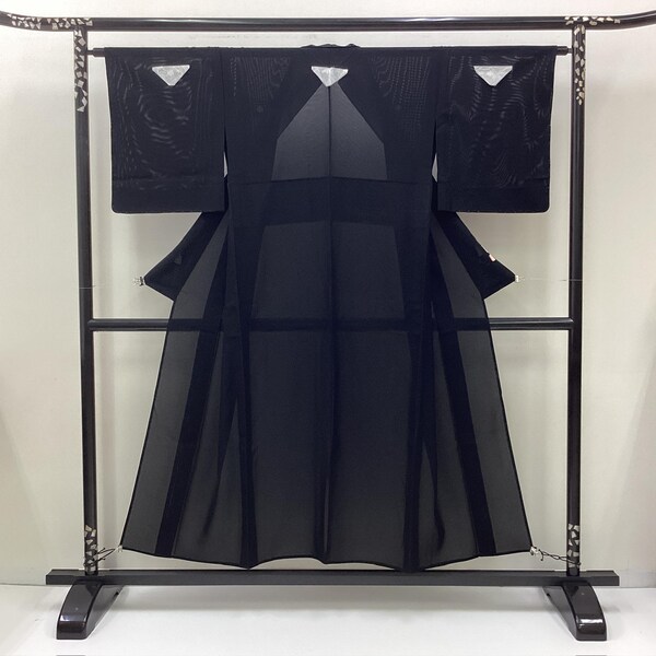 K864 Vintage Silk Wedding Kimono (Mofuku Ro): Black/See-through Plain Family crest Japanese Name "Yoko" by Japanese Designer Brushing Dyeing