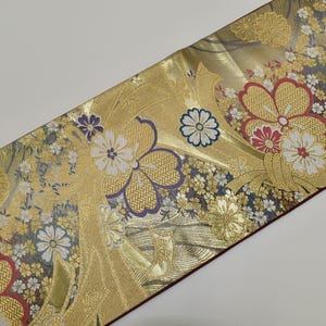 Y725 Vintage Silk Kimono Obi Belt &#39;Fukuro-Obi&#39; Gold Lame Processing / Riverside Cherry blossoms Tabane Noshime Ribbon
