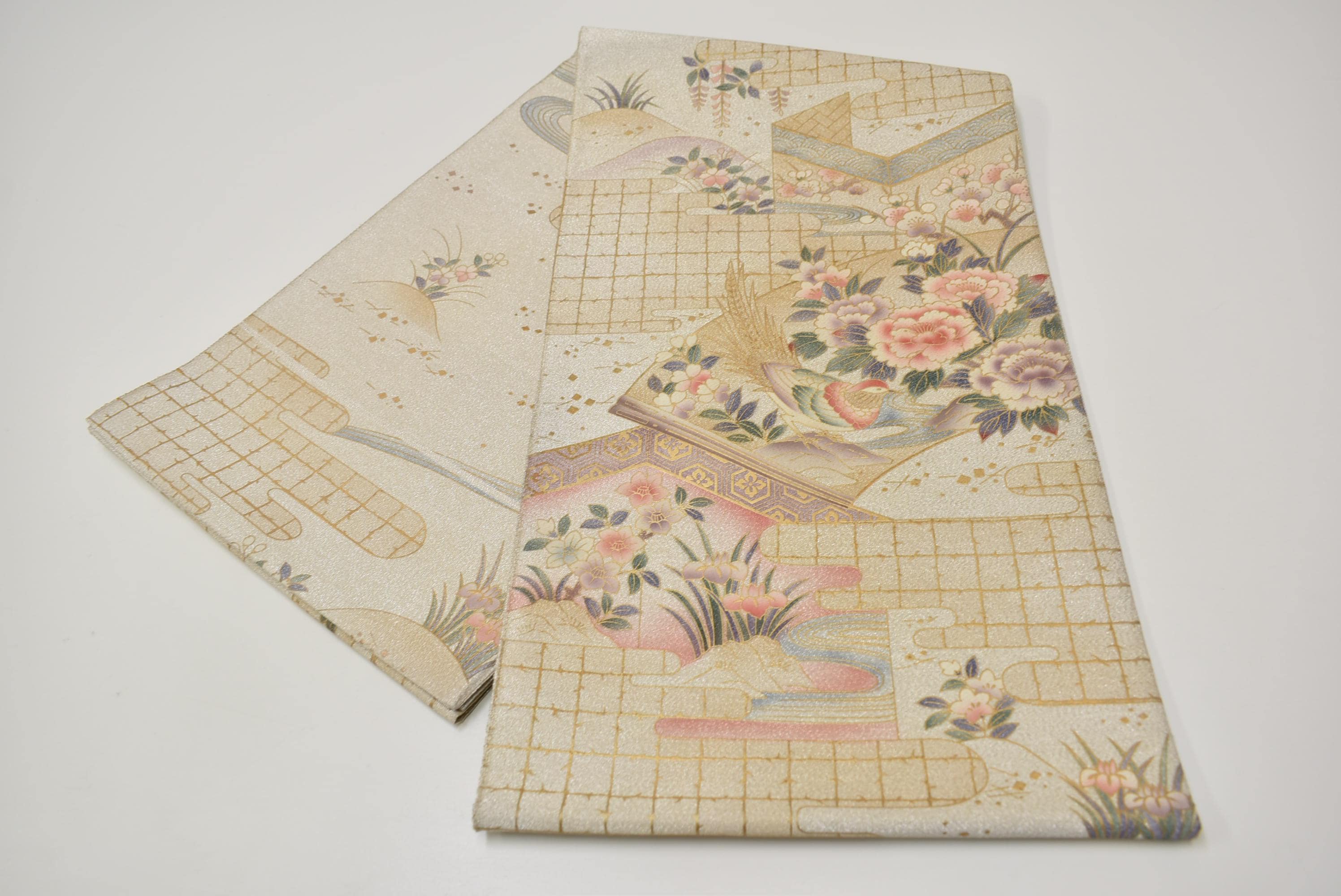 Y544 ヴィンテージ シルク 着物 袋帯 金銀 / 雉 優美な花 屏風 霧山 