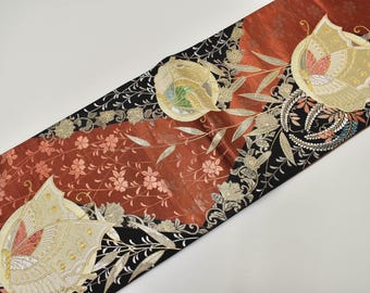 Y114 ヴィンテージ シルク 着物 帯 袋帯 金彩 刺繍 唐織 花