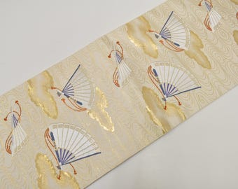 Y809 ヴィンテージ シルク 着物 袋帯 黒 金彩 刺繍 菊 梅 扇子 - Etsy 日本