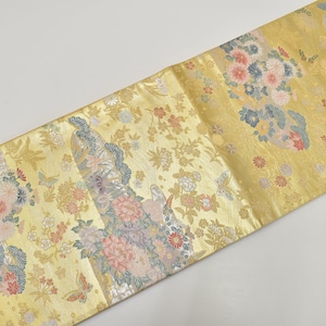 Cintura Obi per Kimono in seta vintage Y869 'Fukuro-Obi' Ricamo beige e oro / Fiori stagionali Riverside Farfalla coda di rondine di Jacquard Wedding