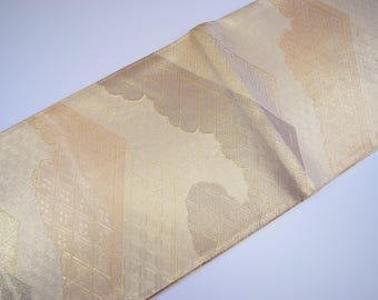 W245 Vintage Silk Kimono Obi Belt &#39;Fukuro-Obi&#39; Gold Processing / Cloud Silhouette Rhombus Diamond