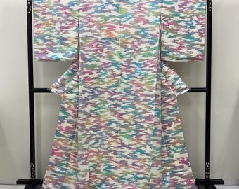 K121 Vintage Silk Wedding Kimono (Komon) : White / Fantastic Gradation Mist Geometric by Japanese Designer Jacquard Weaving