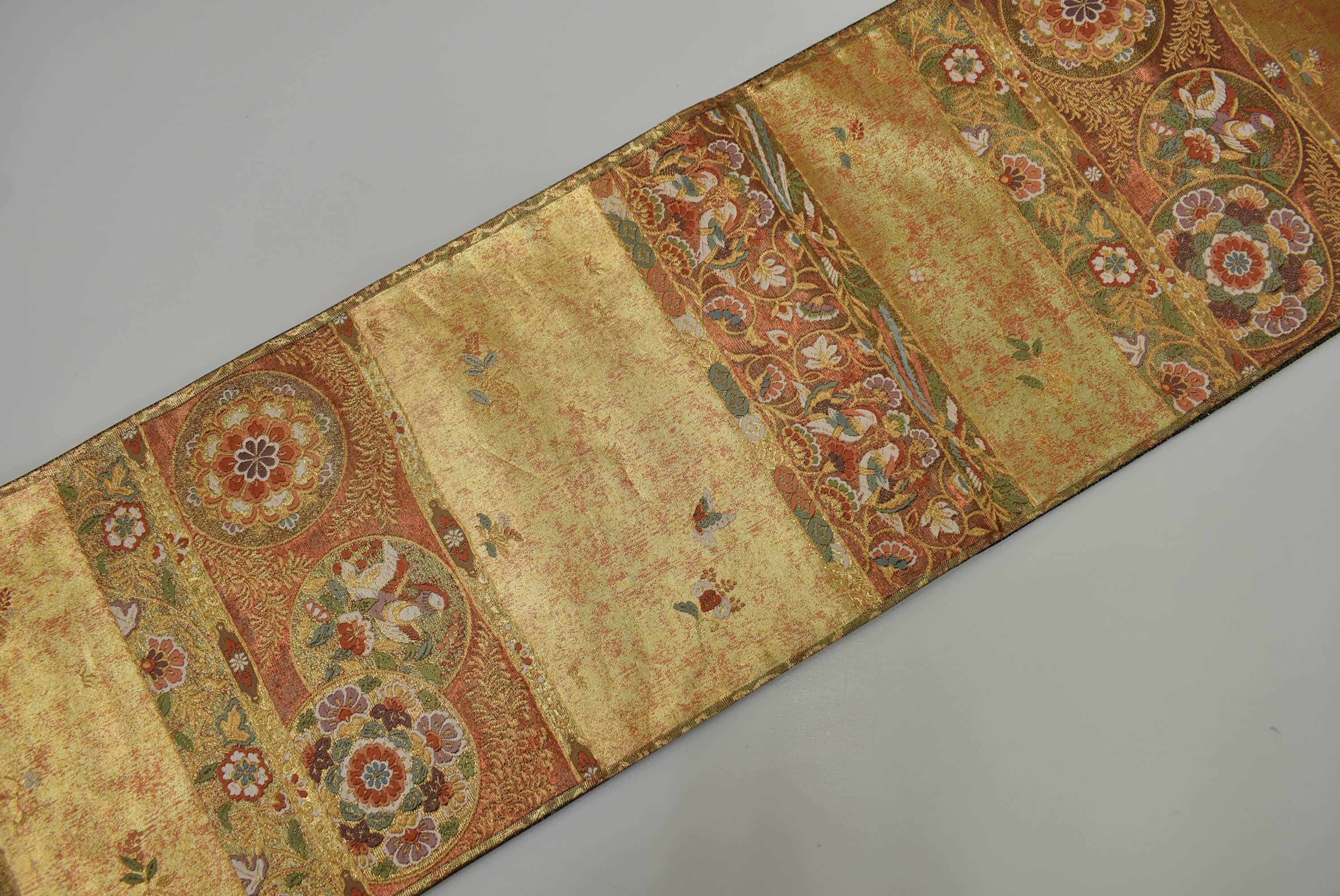 Y721 ヴィンテージ シルク 着物 帯 袋帯 金彩 / 唐織 丸花 幾何学模様