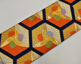 Y579 ヴィンテージ シルク 着物 帯 袋帯 紺 金刺繍 / 唐織