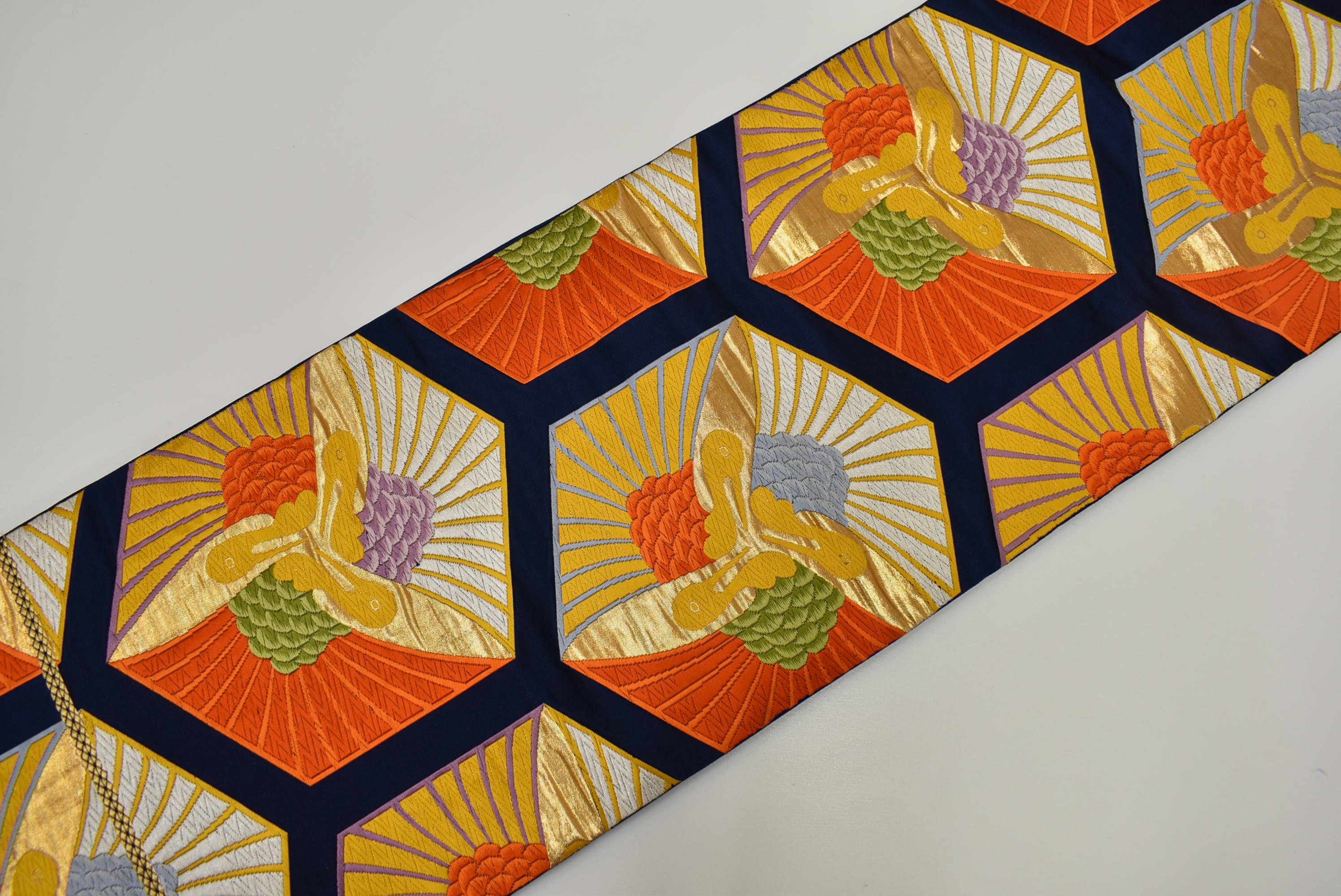 Y783 ヴィンテージ シルク 着物 帯 袋帯 紺 金刺繍 / 唐織 ユニーク 鶴