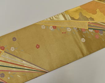 Y289 ヴィンテージ シルク 着物帯 袋帯 金刺繍 / 唐織 しだれ桜 雲扇子