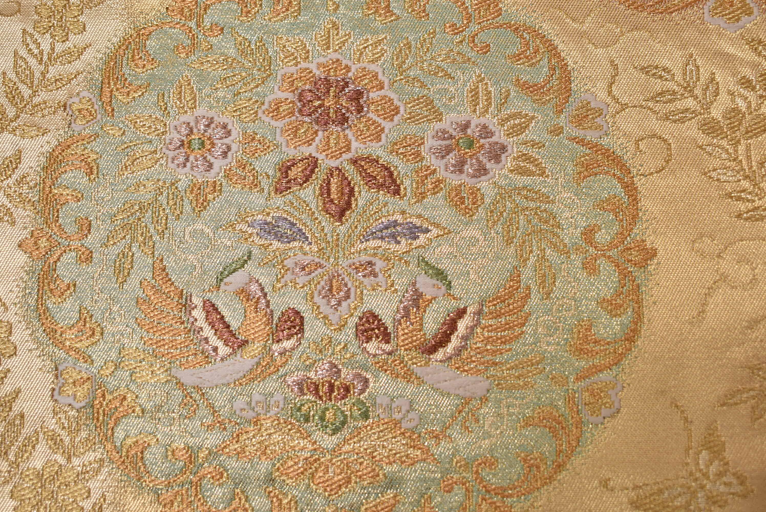 Y156 ヴィンテージ シルク 着物 帯 袋帯 金刺繍 / 丸花 幾何学模様