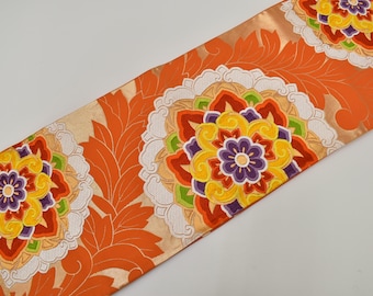 Y998 ヴィンテージ シルク 着物 帯 袋帯 オレンジ 金刺繍 / 唐織