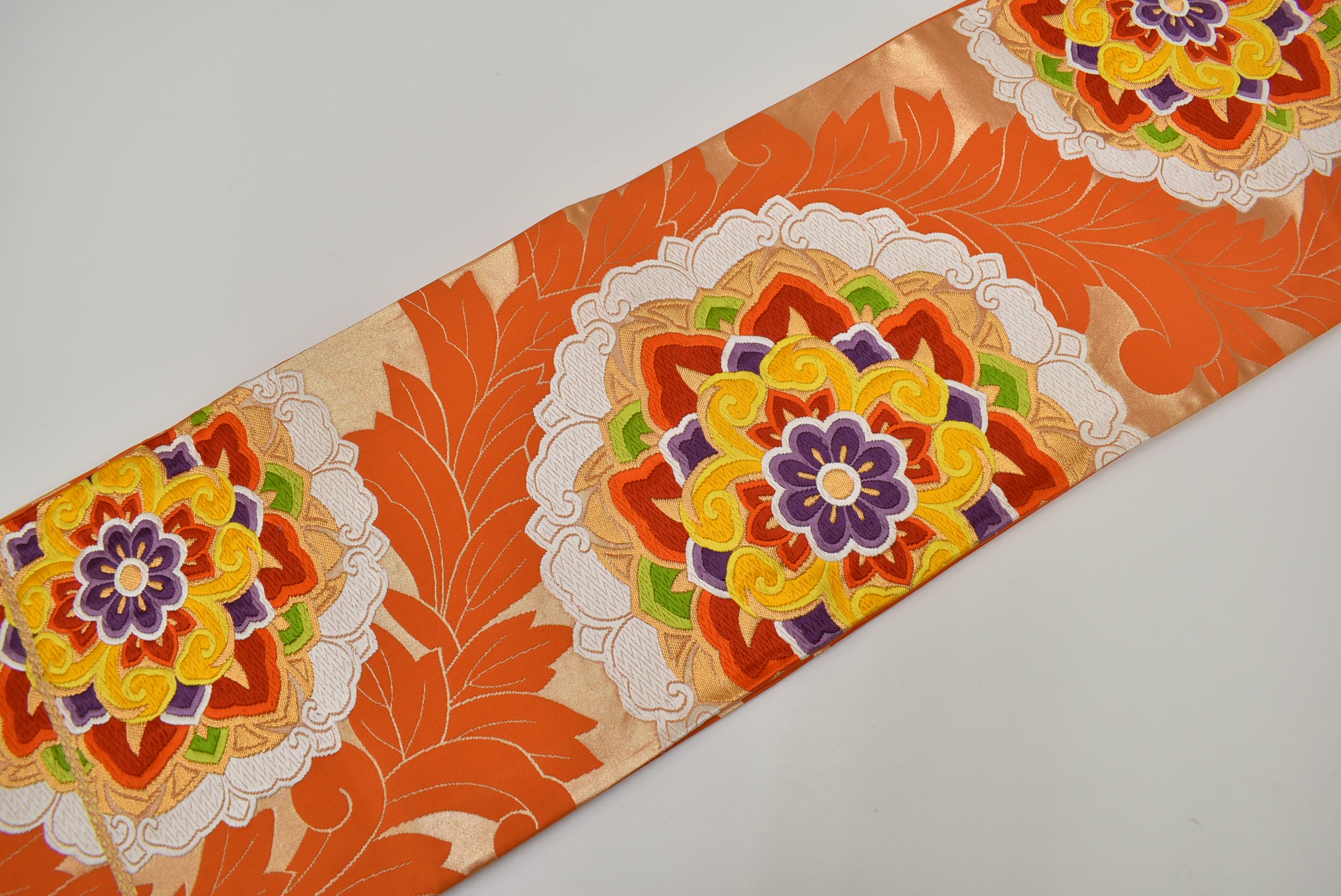 春慶錦オレンジの袋帯 Y998 ヴィンテージ シルク 着物 帯 袋帯 オレンジ 金刺繍 / 唐織