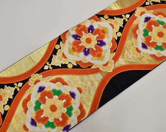 Y39 ヴィンテージ シルク 着物 帯 袋帯 黒 金刺繍 / 唐織 川辺