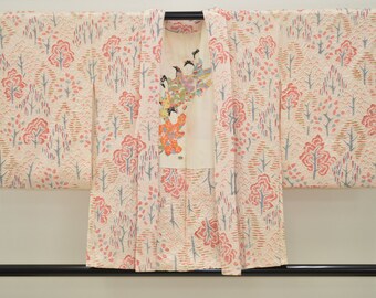 K393 Vintage Silk Kimono Haori Jacket : Shibori Light Pink Evergreen Landscape