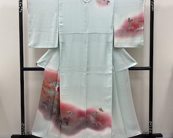 K123 Vintage Silk Wedding Kimono (Tsukesage) : Light Blue Gradation Gold / Leaf Silhouette Tree Peony Folding Fan Swallowtail Butterfly