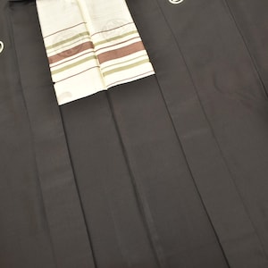 Jaqueta Kimono Haori de seda vintage Y170: Habutae Montsuki masculino preto / pintura à mão Kanji japonês listras horizontais