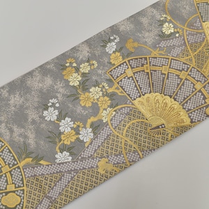 Y501 Vintage Silk Kimono Obi Belt &#39;Fukuro-Obi&#39; Light Grey Purple Gold Silver Embroidery / Cherry blossoms Bamboo Kanoko-dot Folding Fan